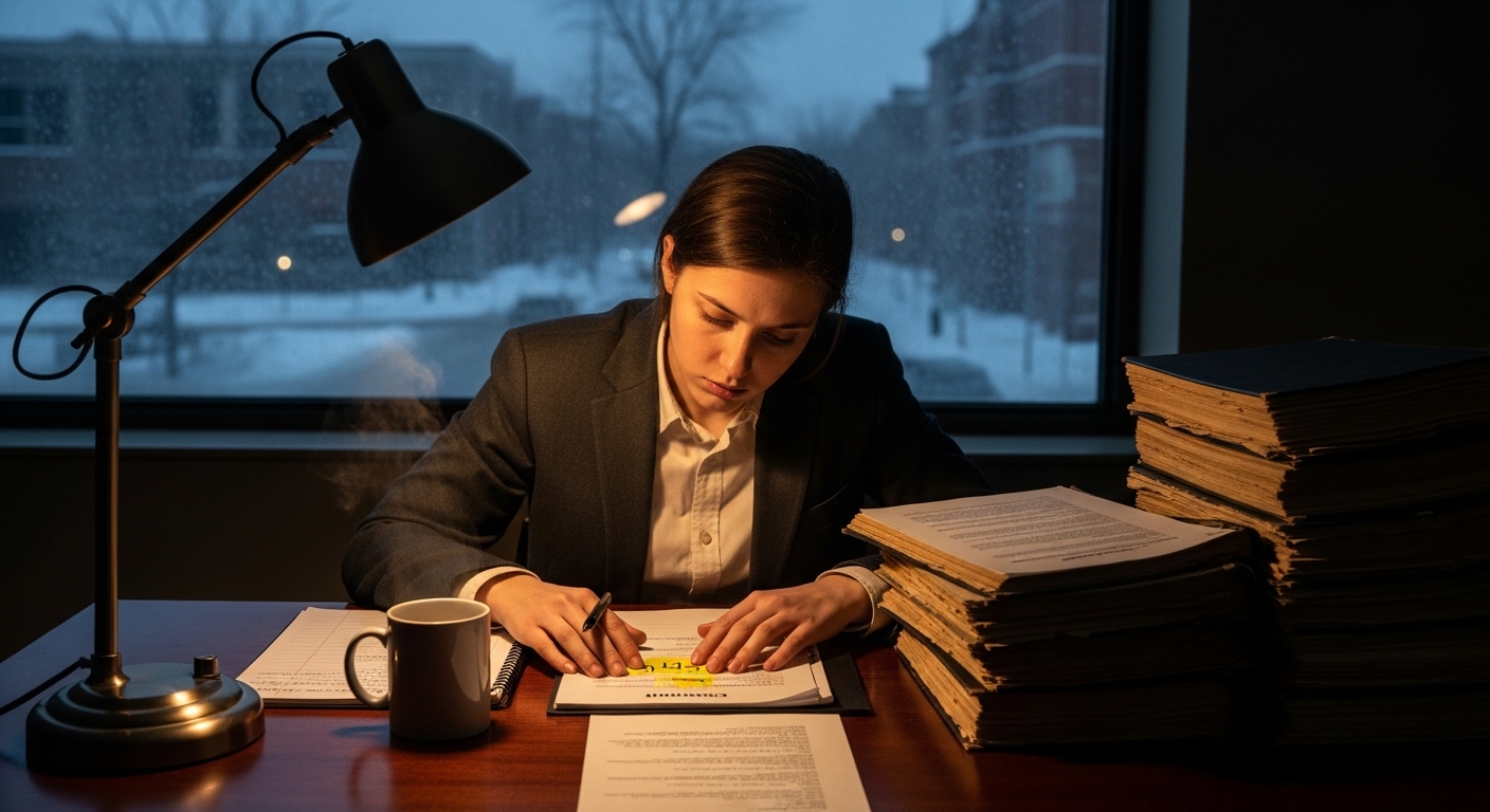 Young legal professional reviewing documents late at night, illuminated by a desk lamp, with a snowy city outside.