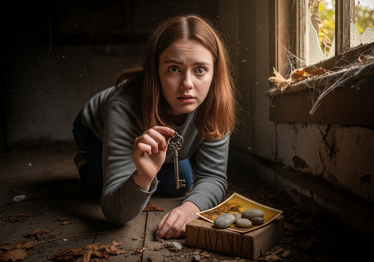 A teenage girl holding an ornate, tarnished key, kneeling by a small wooden box and a faded photograph in a dusty, sunlit shed.