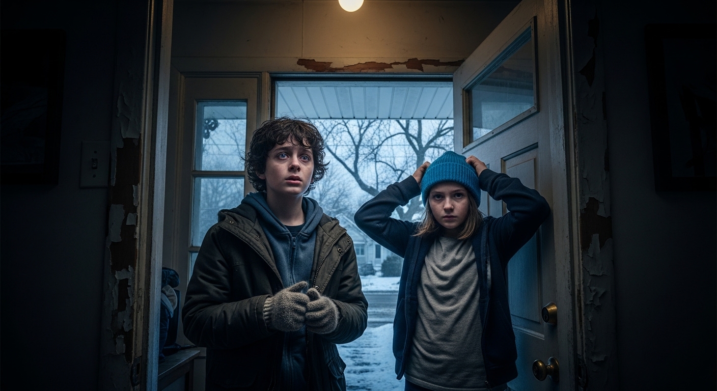 Two young children, James and Chrissie, standing in a dimly lit hallway, looking out at a cold, snow-covered street through an open front door.