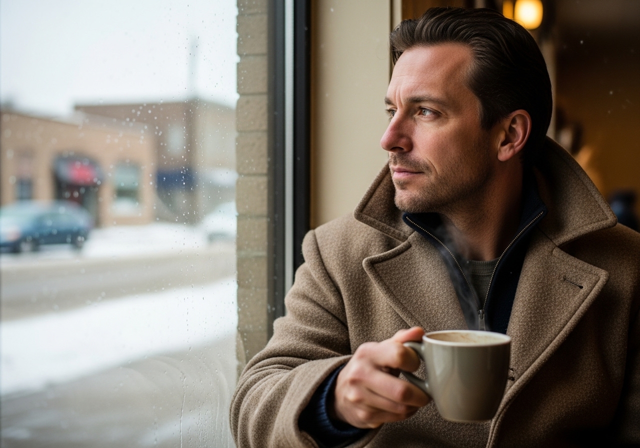 A man sits pensively by a cafe window, holding a coffee mug, gazing at a snowy street outside.