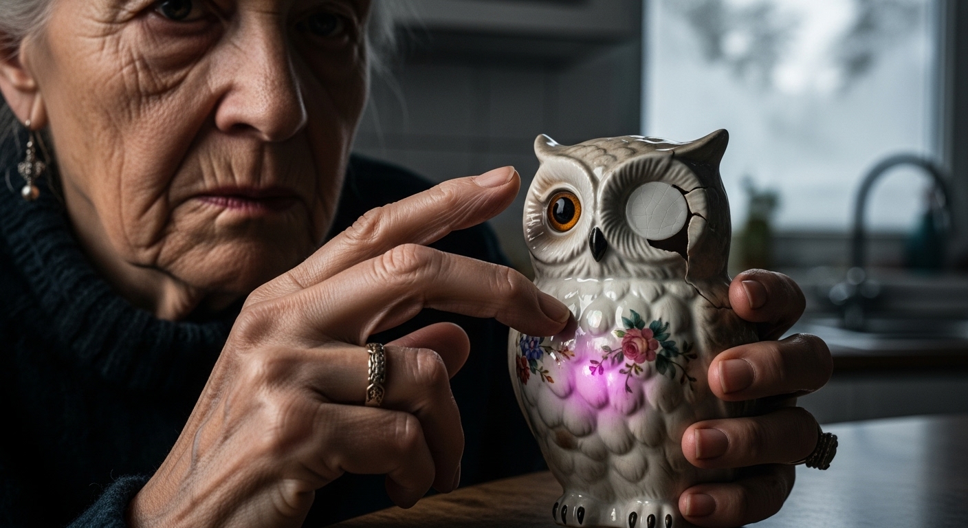 An elderly woman holding a porcelain owl with one glowing amber eye, against a snowy winter window.