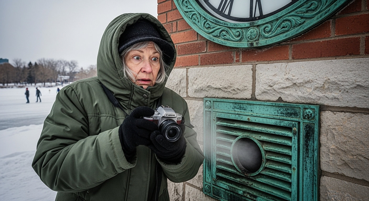 A senior woman in a winter coat anxiously photographs a steaming brass vent on a clock tower at The Forks.