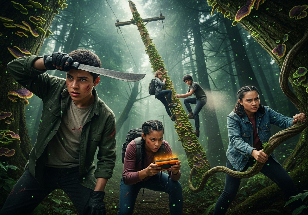 Four determined teenagers battle a glowing, invasive fungal growth in a dense, dark forest.