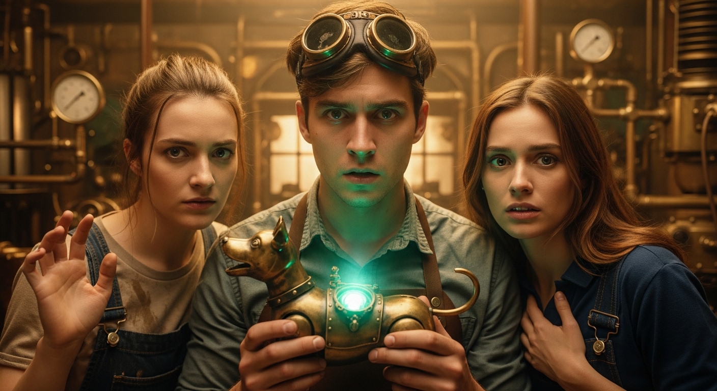 Three young adults in a steampunk workshop gaze at an antique brass automaton dog glowing with an eerie blue light.