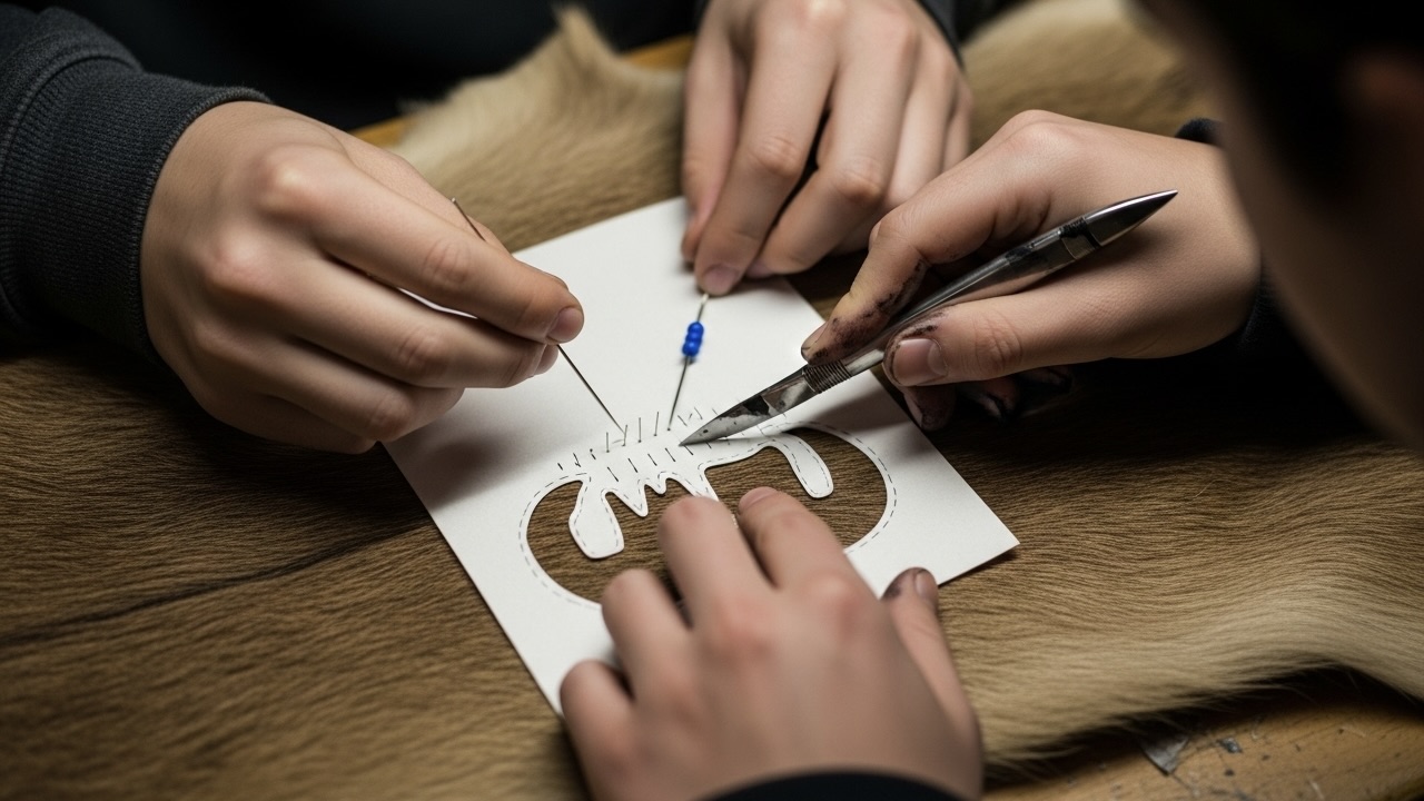 Two men's hands working on a small, carved wooden bear, carefully inserting a tiny glass seed.
