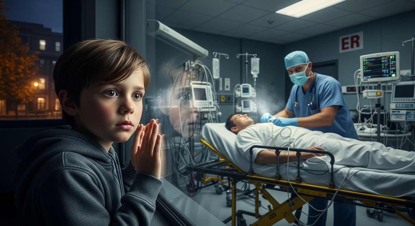 A young boy watches an emergency room through a glass window, his face reflecting concern.