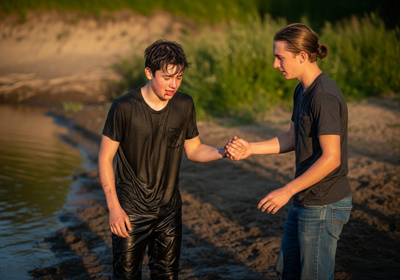 Two teenage boys by a muddy riverbank at golden hour, one is covered in mud looking embarrassed, the other offers a comforting hand.