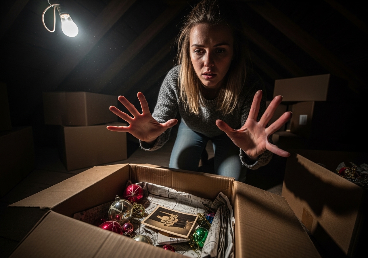 Young woman in a dusty attic, kneeling over an open box of old Christmas ornaments and a hidden, face-down photograph.