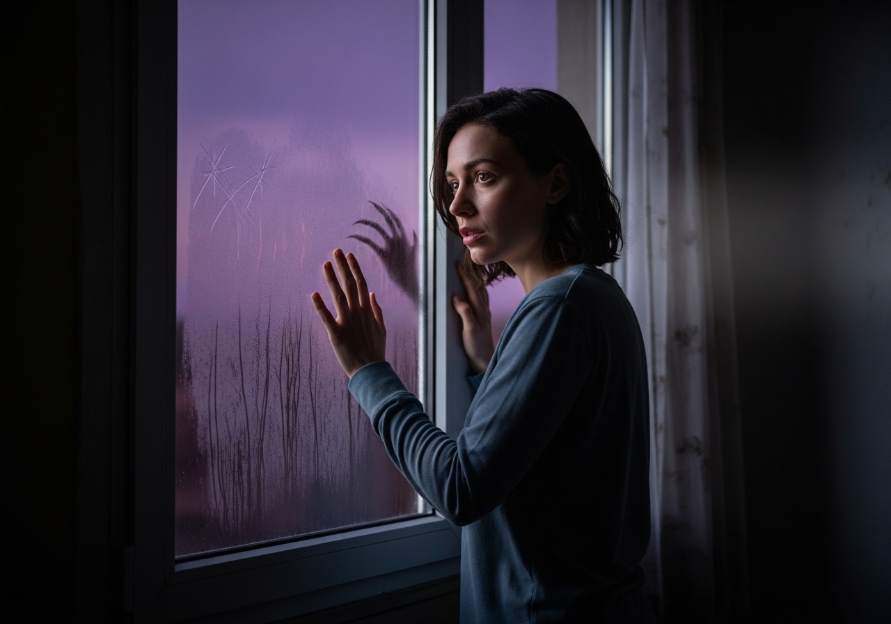 A woman stands by a fogged window, fear and curiosity on her face, as unseen claws scratch at the glass in the fading winter light.