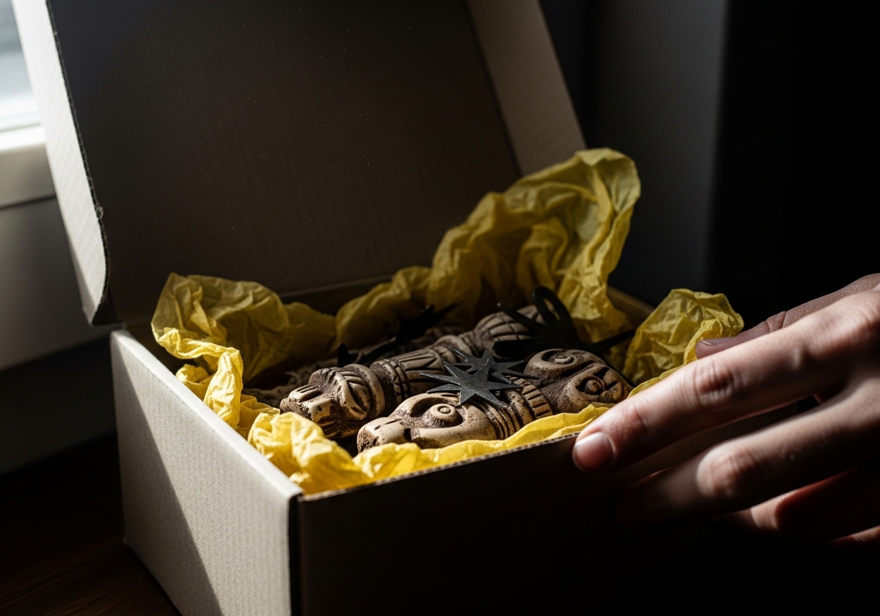 Close-up of old, carved bone figures and dull metal stars in a hidden cardboard box.