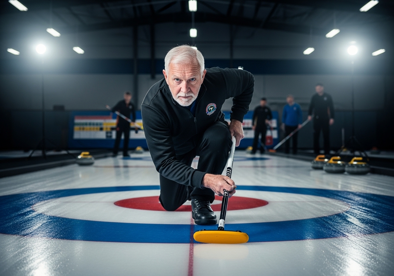 Senior man, Arthur, with a focused expression, kneeling on a curling ice sheet, broom in hand.