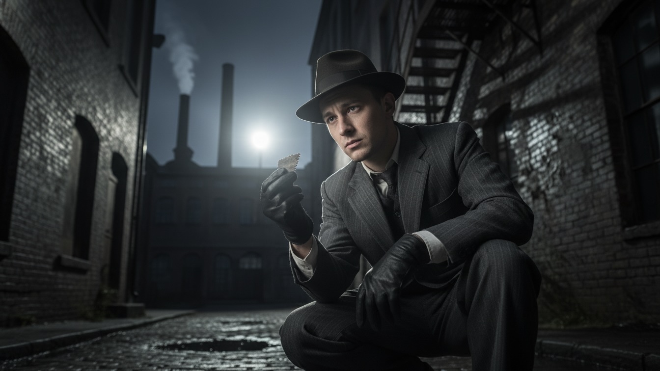 A young lawyer, Thomas, in a dark 1920s alley, illuminated by a stark flash, kneels to examine a small, metallic shard found in the damp dirt.
