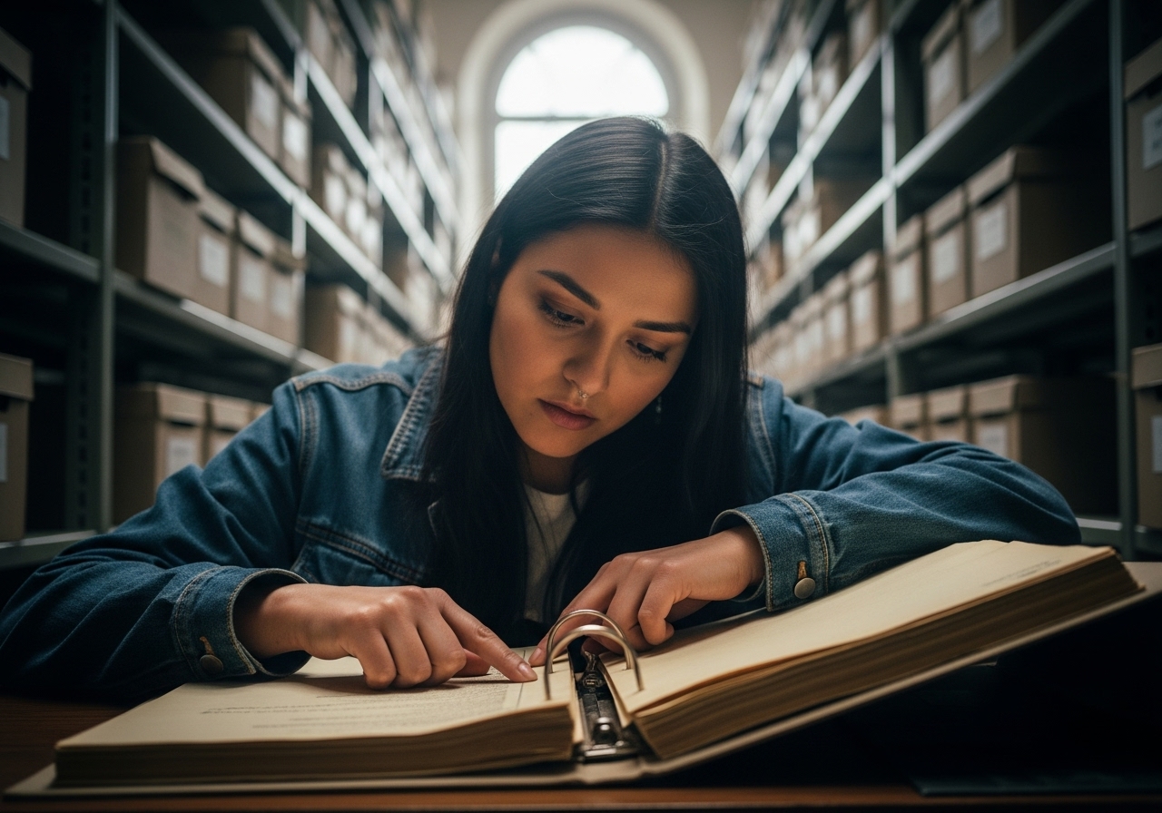 A young Métis woman intently studying old government documents in a dimly lit archive.