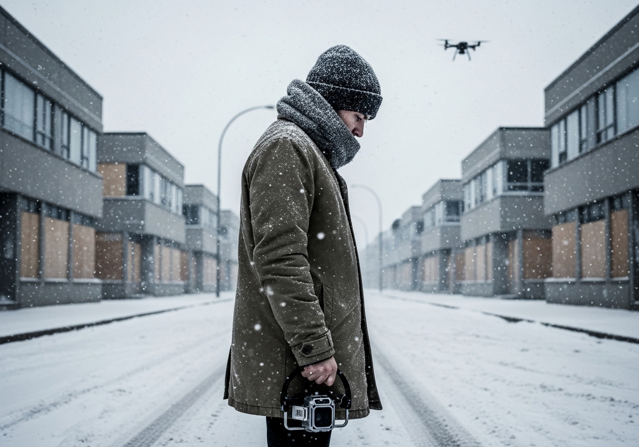 A figure in a winter coat stands on a snowy street, crushing a small, black tracking device in their gloved hand.