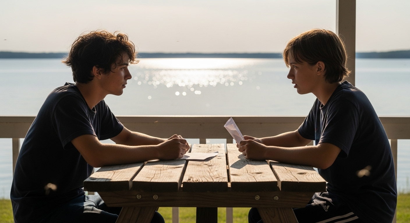 Two teenagers on a porch overlooking a lake, discussing a document with intense expressions.
