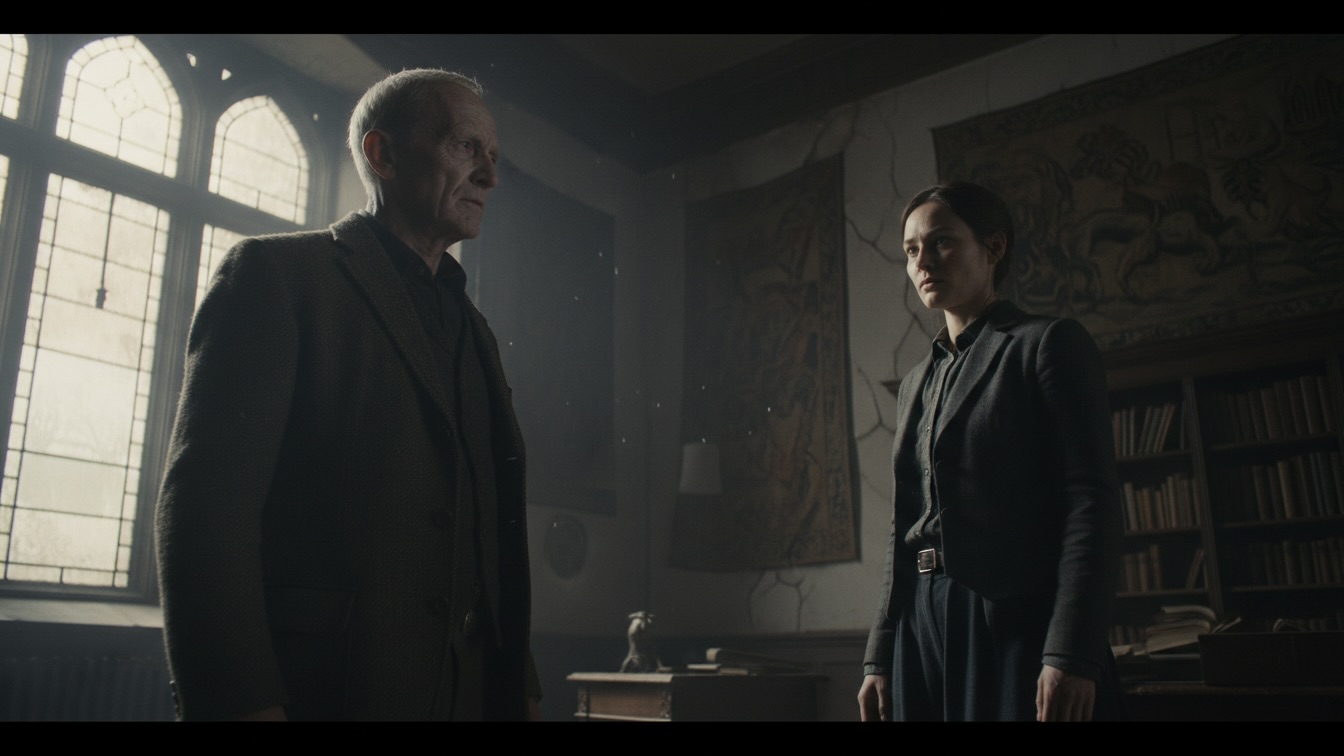 A pale, middle-aged man with a drawn face in a decaying gothic study, confronting a determined woman. Sunlight casts long shadows, dust motes dance in the air.