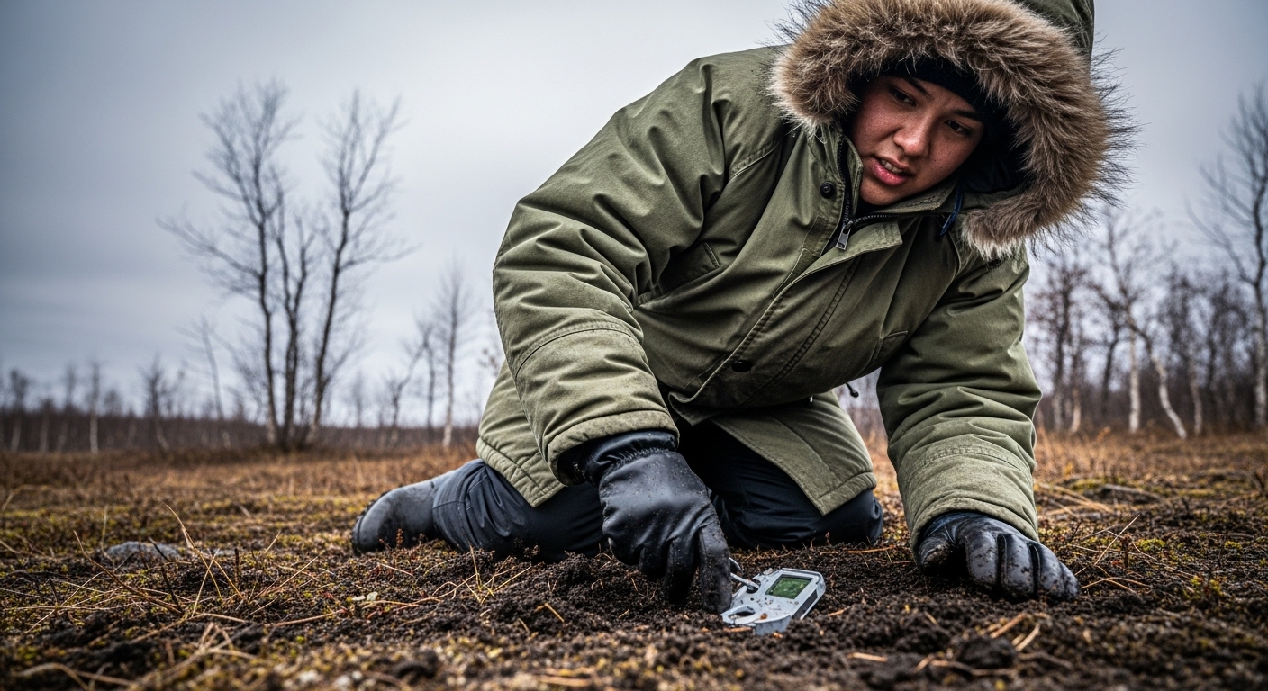 A young adult in a parka kneels in muddy autumn tundra, examining a broken electronic sensor, with a vast, grey sky overhead.