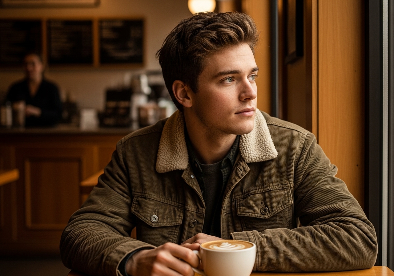 Young man, Anthony, in a corduroy jacket, gazing contemplatively out a coffee shop window, an untouched latte on the table.
