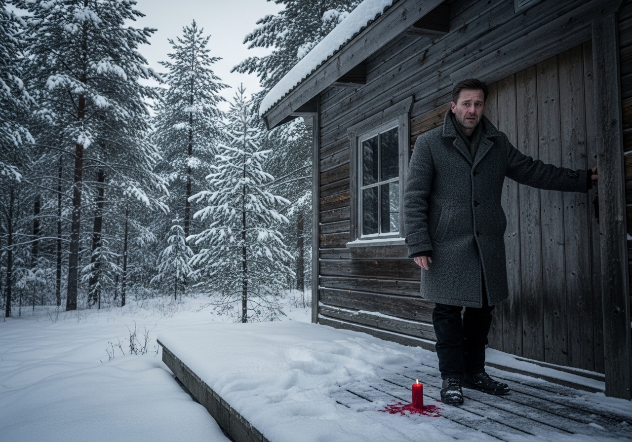 Man on a snowy cabin porch finding a melted candle, conveying unease.