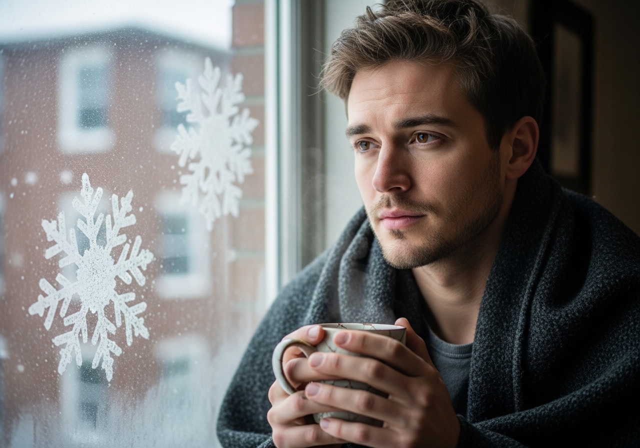 A young man, Sampson, holding a steaming mug, gazes contemplatively out a window as snow falls.