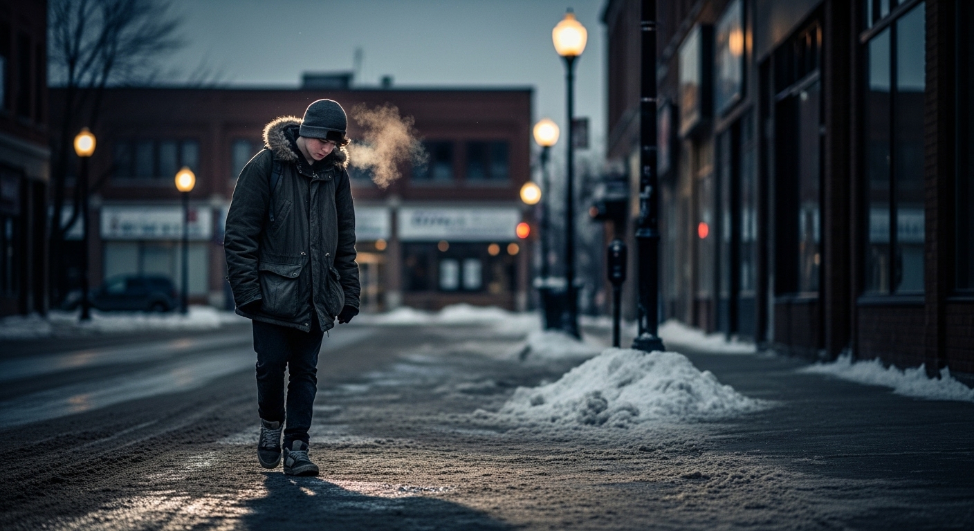 A lone teenage boy walks a slushy Winnipeg street in winter, his head down.