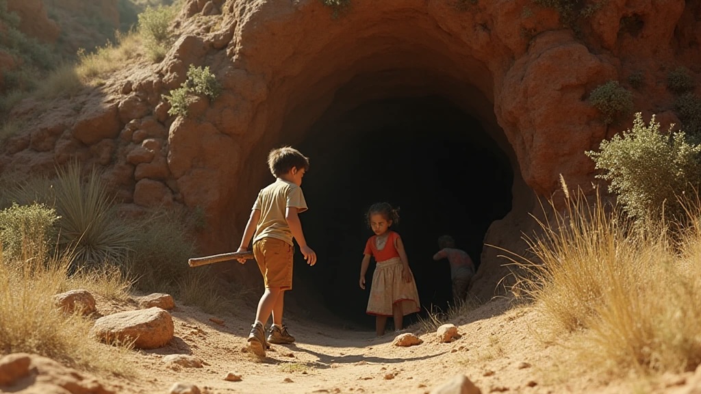 Three children investigate a dark, overgrown mine shaft entrance in a sun-drenched Western gulch.