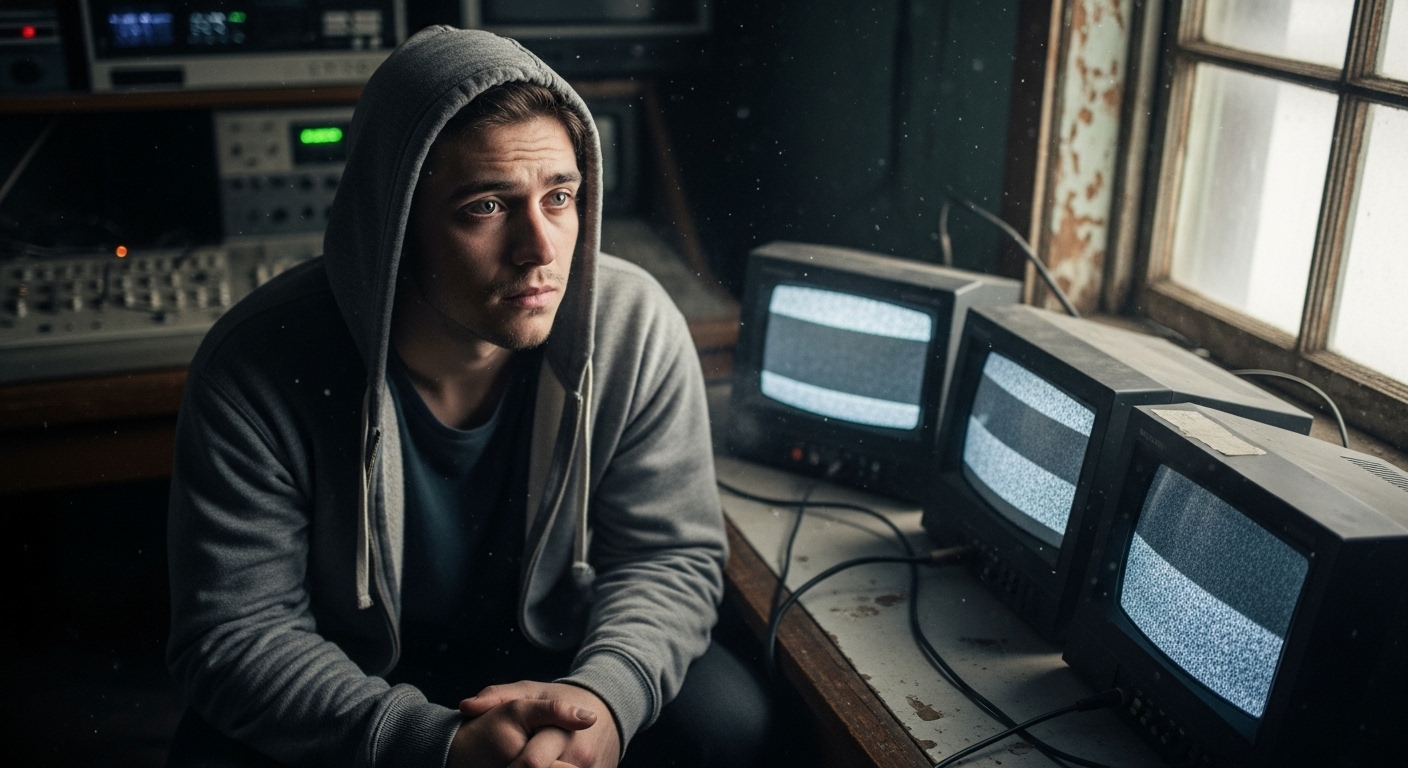 A young man, John, sits contemplatively in a dimly lit, old TV control room, bathed in winter light.