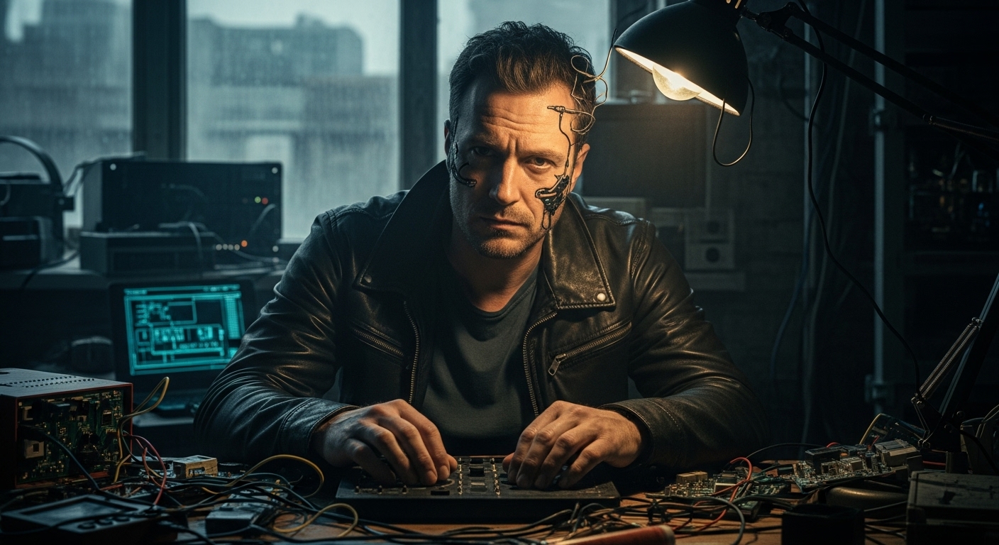 A cyberpunk artist in his studio, surrounded by tech, under moody lighting.