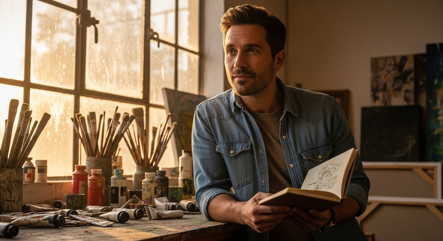 An adult male artist in a brightly lit studio, holding a sketchbook with a thoughtful expression.