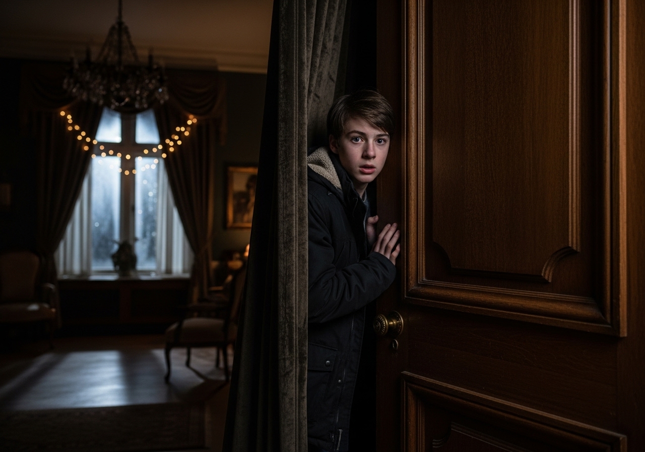A teenage boy hiding behind a curtain, looking terrified as a door creaks open into darkness.