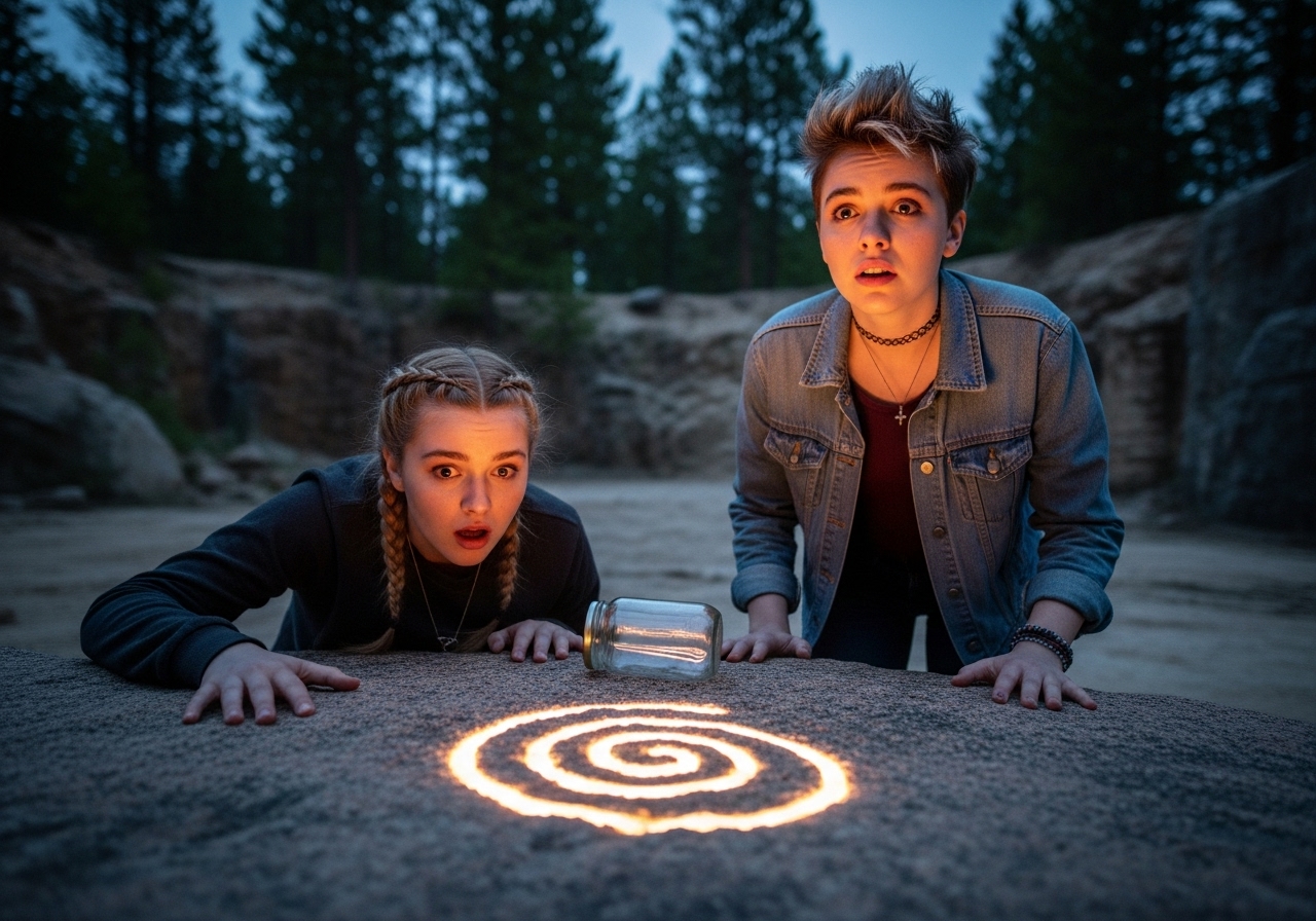 Two teenage girls in a quarry at dusk stare at a glowing spiral symbol on the ground next to an overturned jam jar.