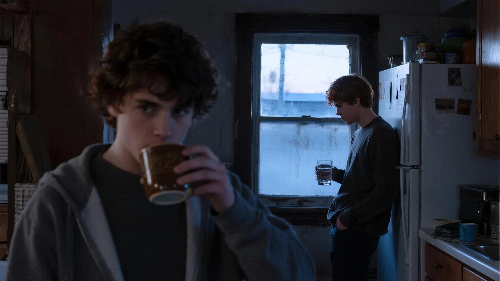 Two young men in a dimly lit kitchen at dawn, one looking disoriented, the other concerned, hinting at a deep, shared struggle.
