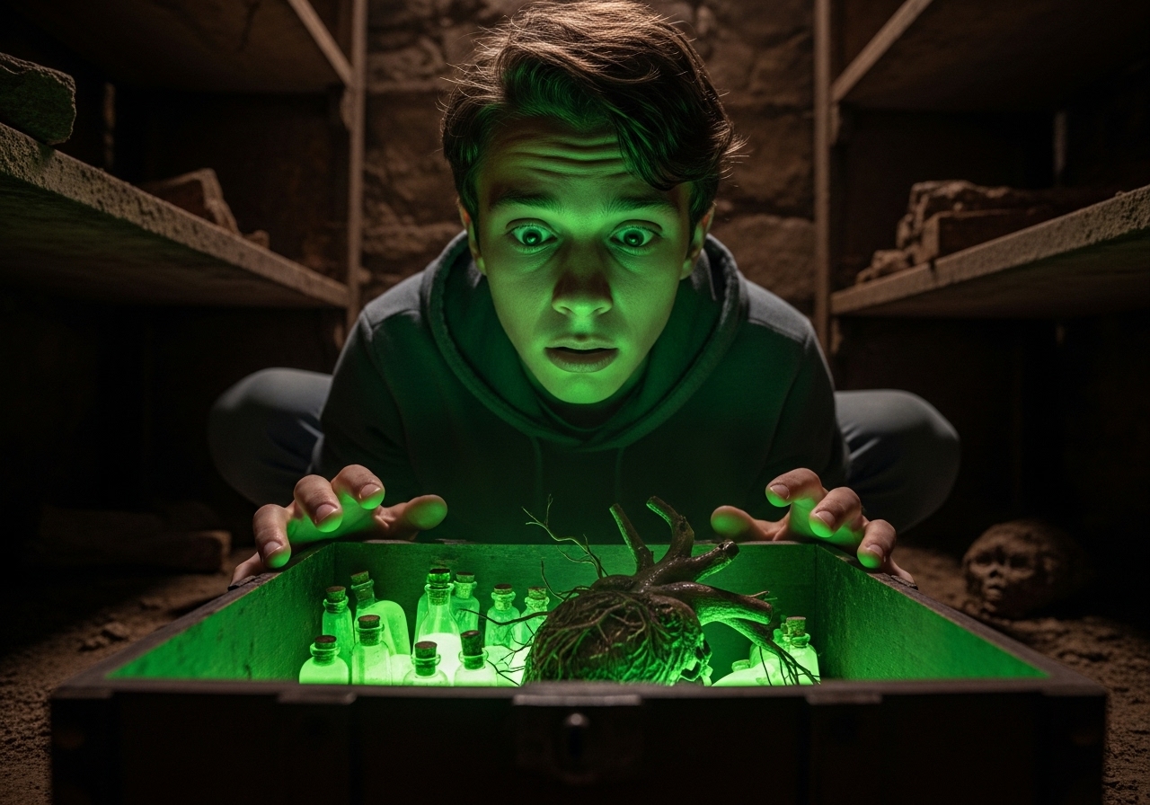 Teenager's face illuminated by a sickly green glow from an open, ancient chest in a dark cellar, revealing a gnarled, dark heart and glowing vials.