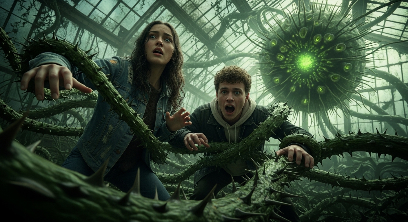 Two terrified young adults entangled in aggressive, glowing green vines within a dilapidated glasshouse, a monstrous plant pulsing in the background.