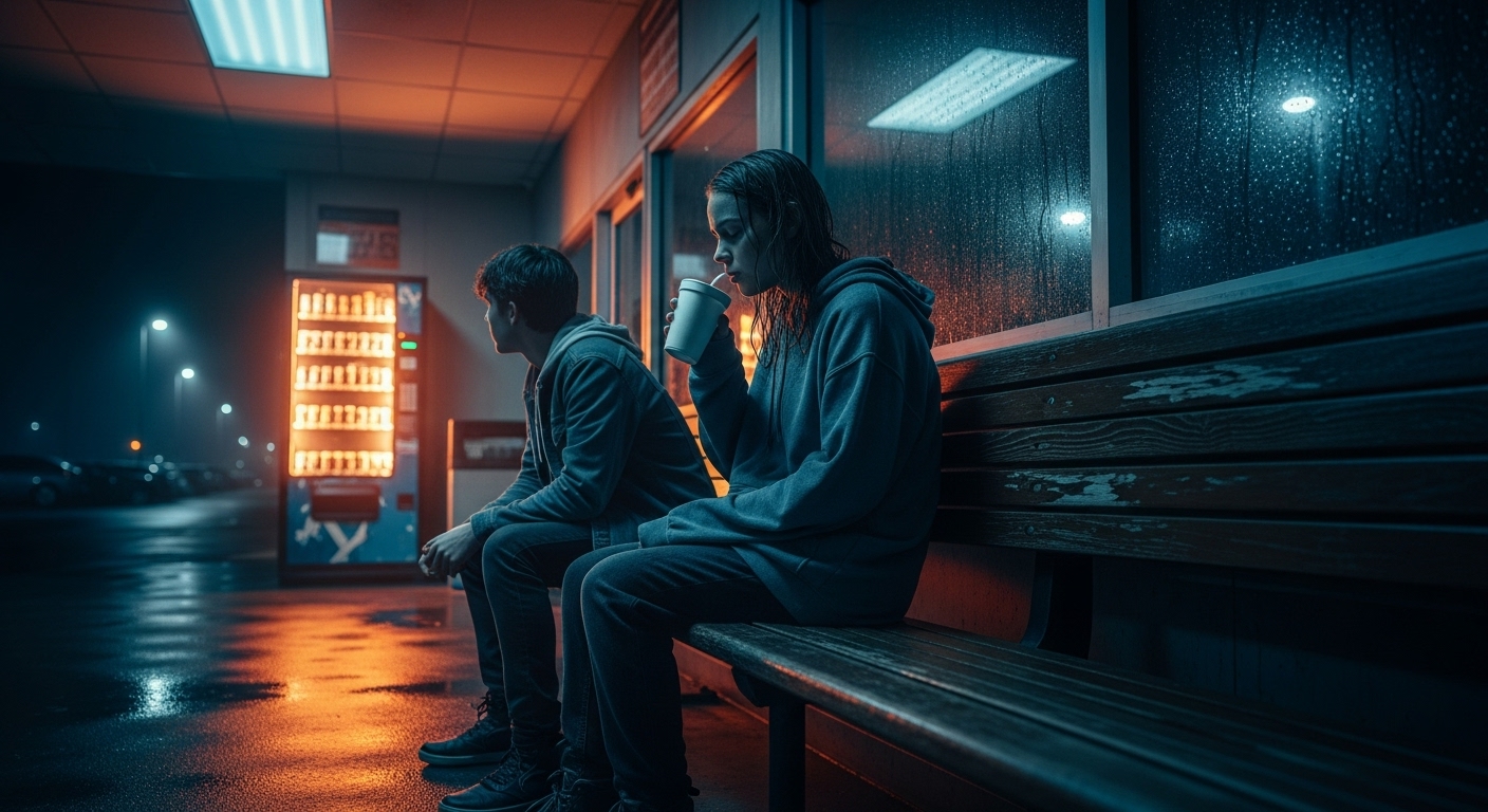 Two teenagers sit on a bench in a dimly lit, rundown bus terminal at night, looking exhausted and grim.