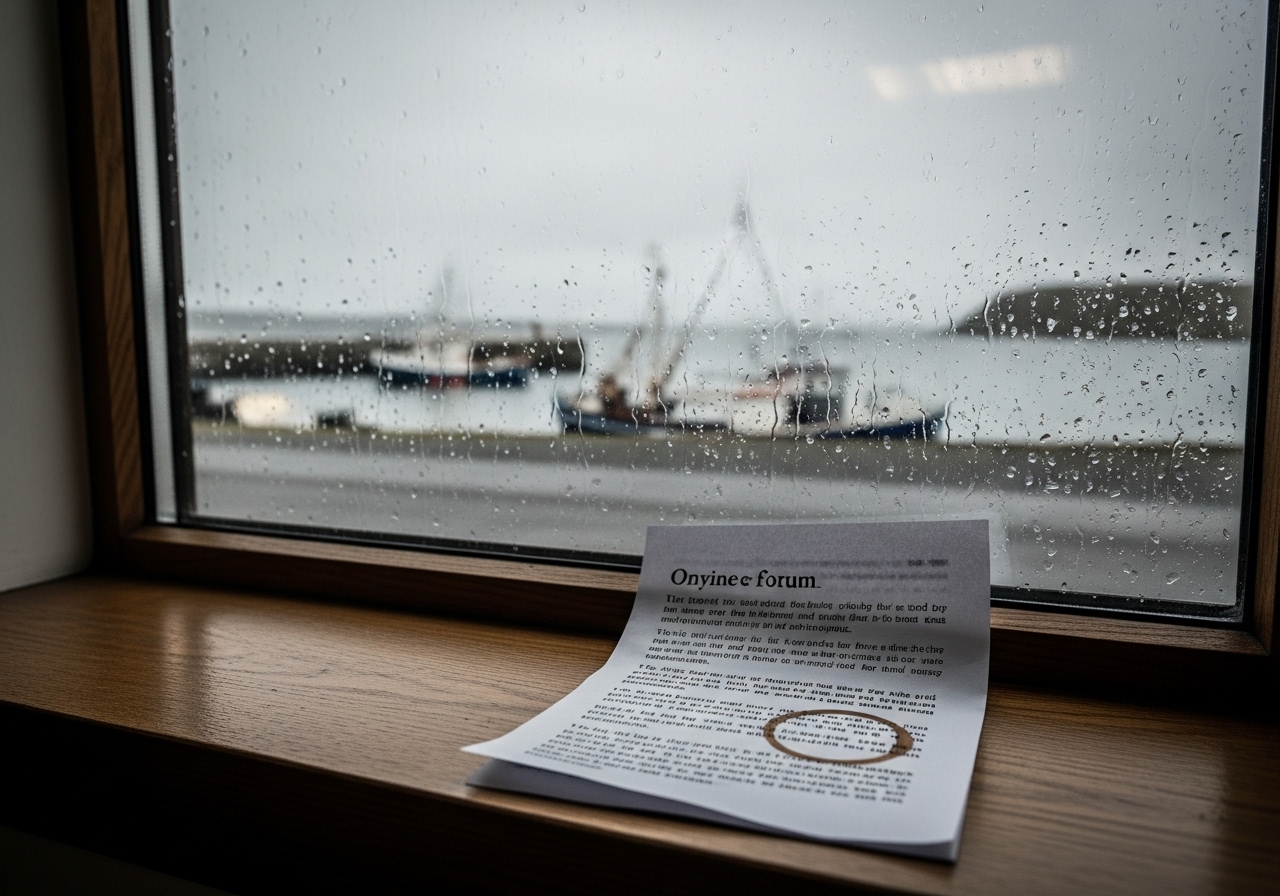 A rain-streaked window in a police office looks out onto a bleak harbour, with a coffee-stained forum printout on the sill.