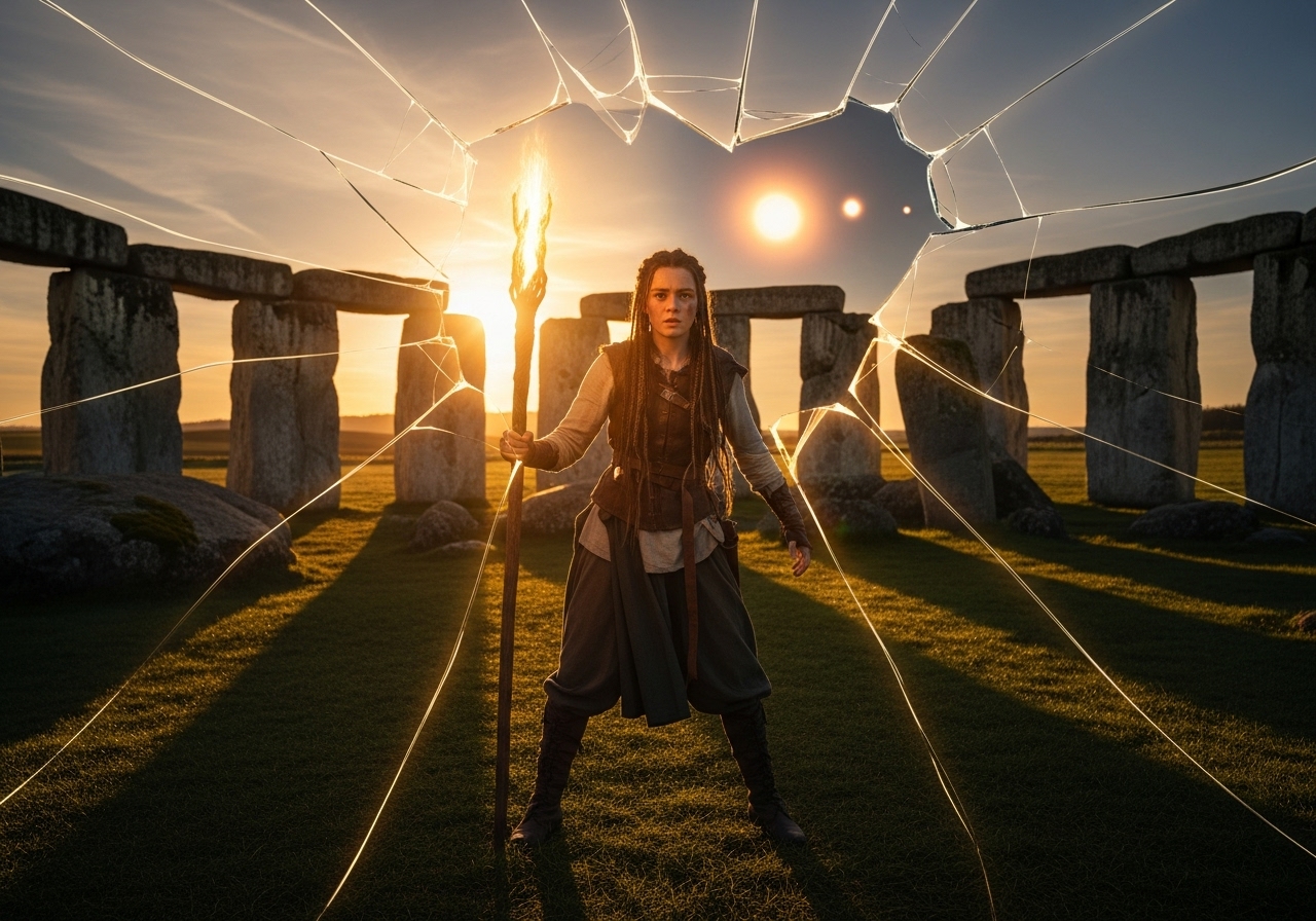 A teenage girl holding a powerfully glowing staff stands in a stone circle as the reality around her begins to crack and warp.
