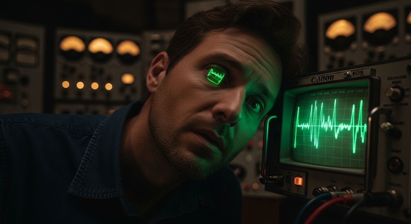 A man in a dark, vintage control room stares intently at a green oscilloscope screen displaying an unnatural, repeating signal.