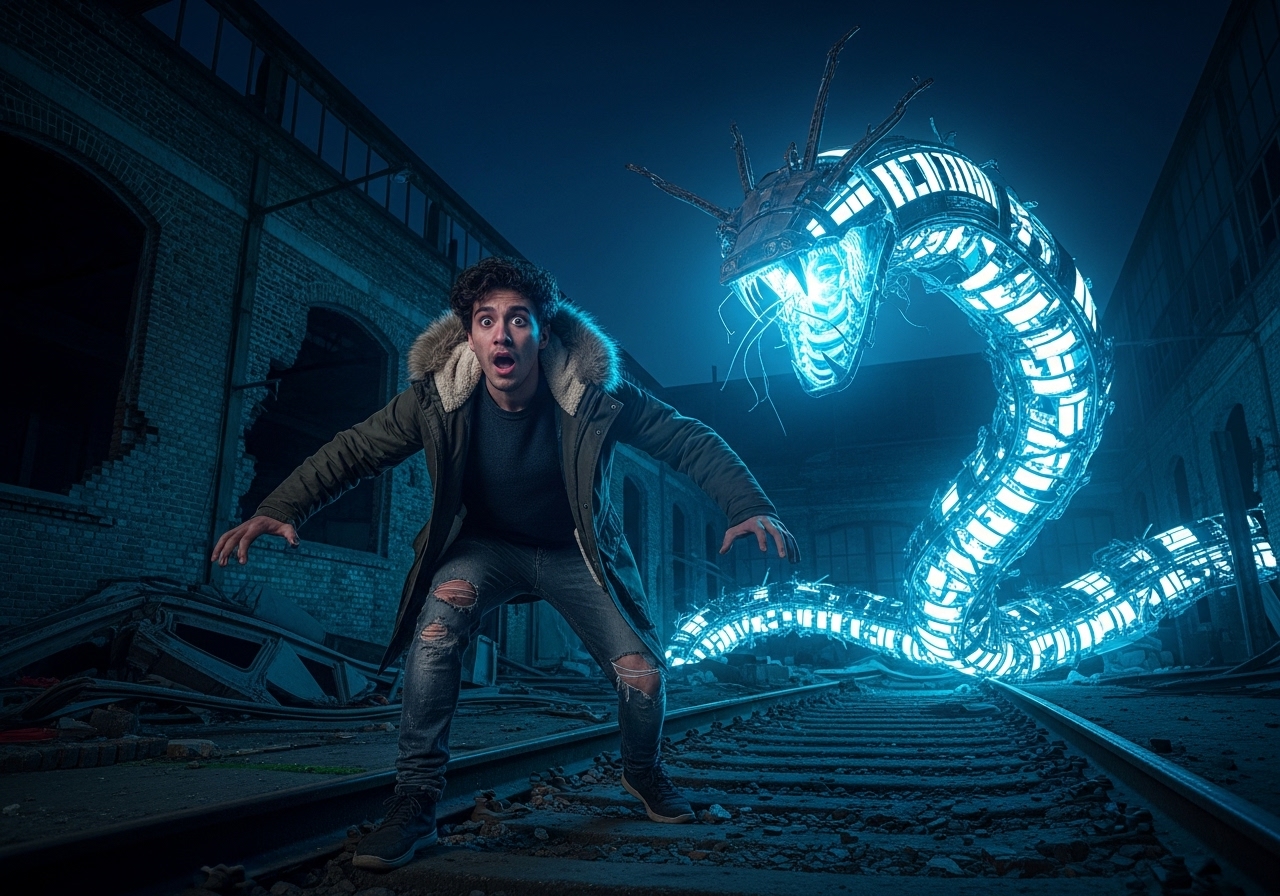 A young man flees in terror from a monstrous creature made of glowing train tracks emerging from a wreck.