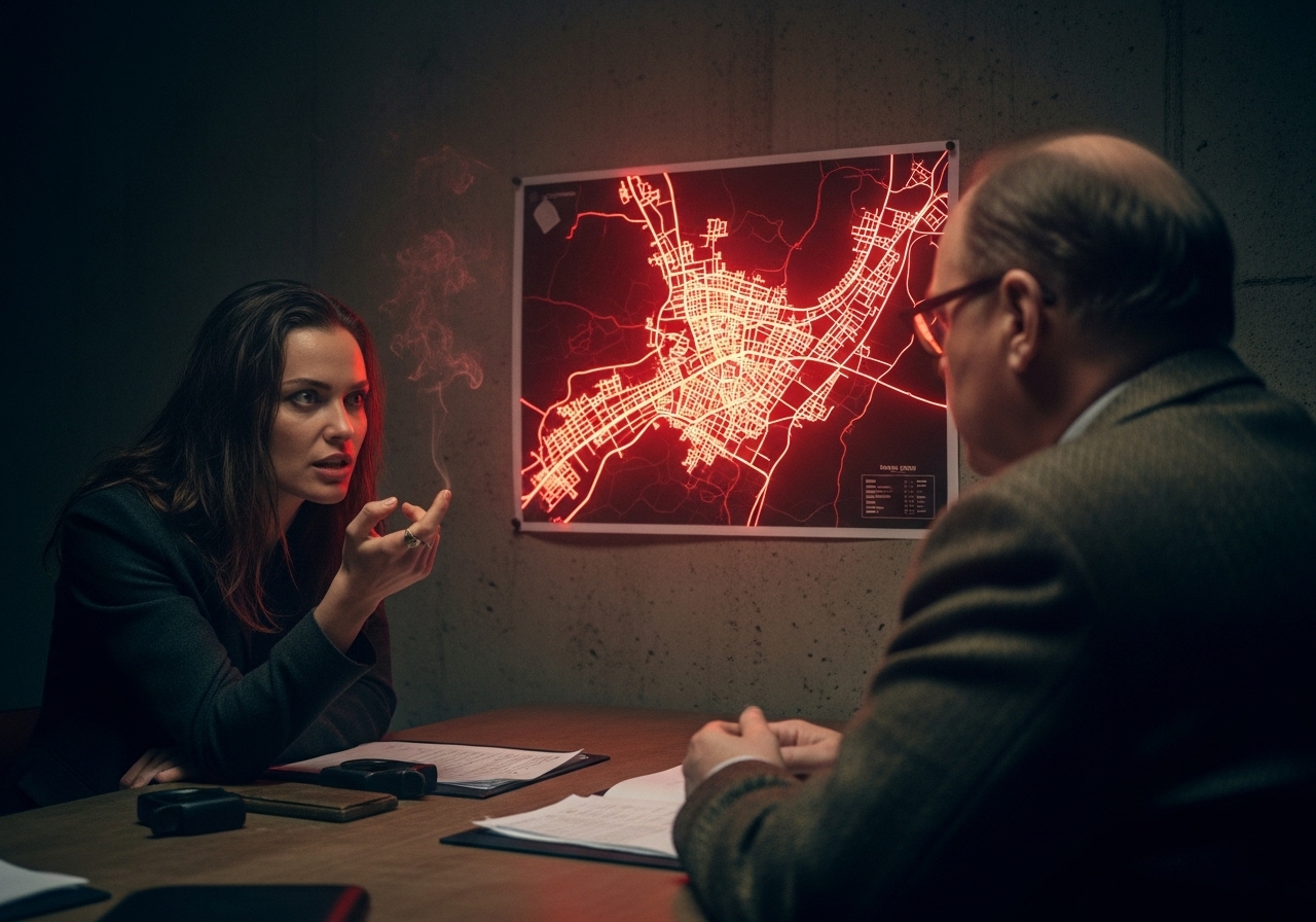 Three figures in a dark basement argue in front of a magical map glowing with red light.