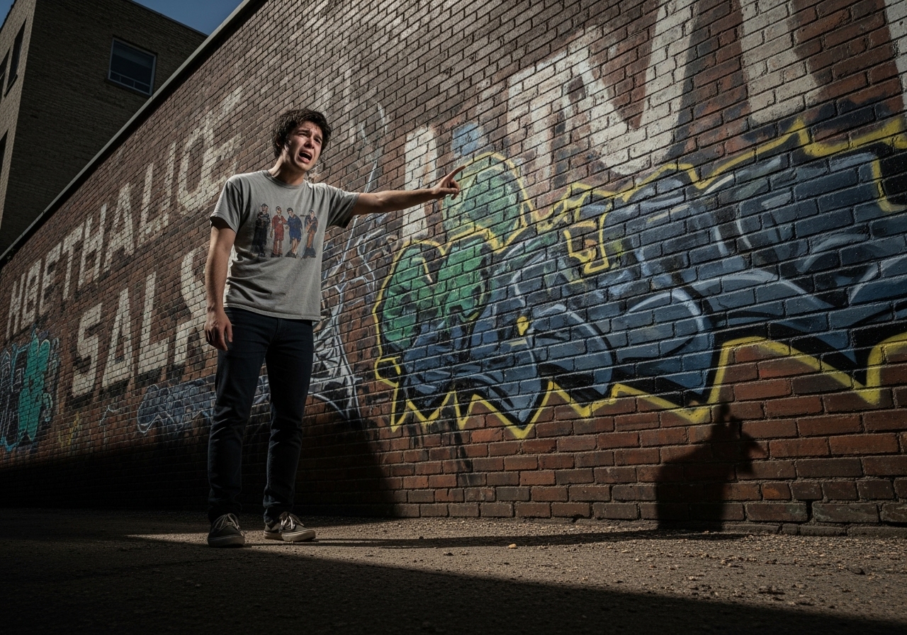 A young man points in anger and disbelief at a brick wall where a new mural has been painted over a historic ghost sign.