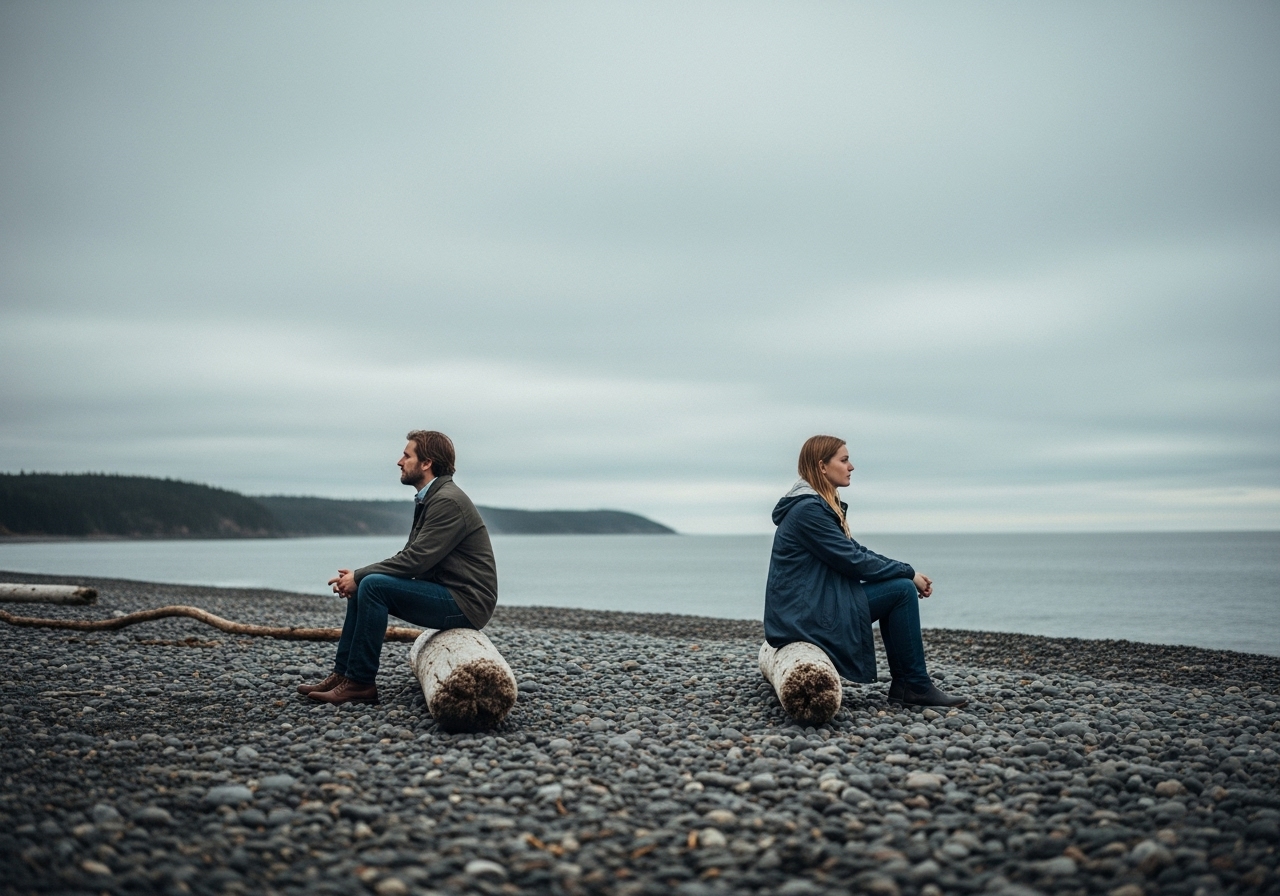 A man and woman sit on driftwood on a bleak, grey beach, looking away from each other.