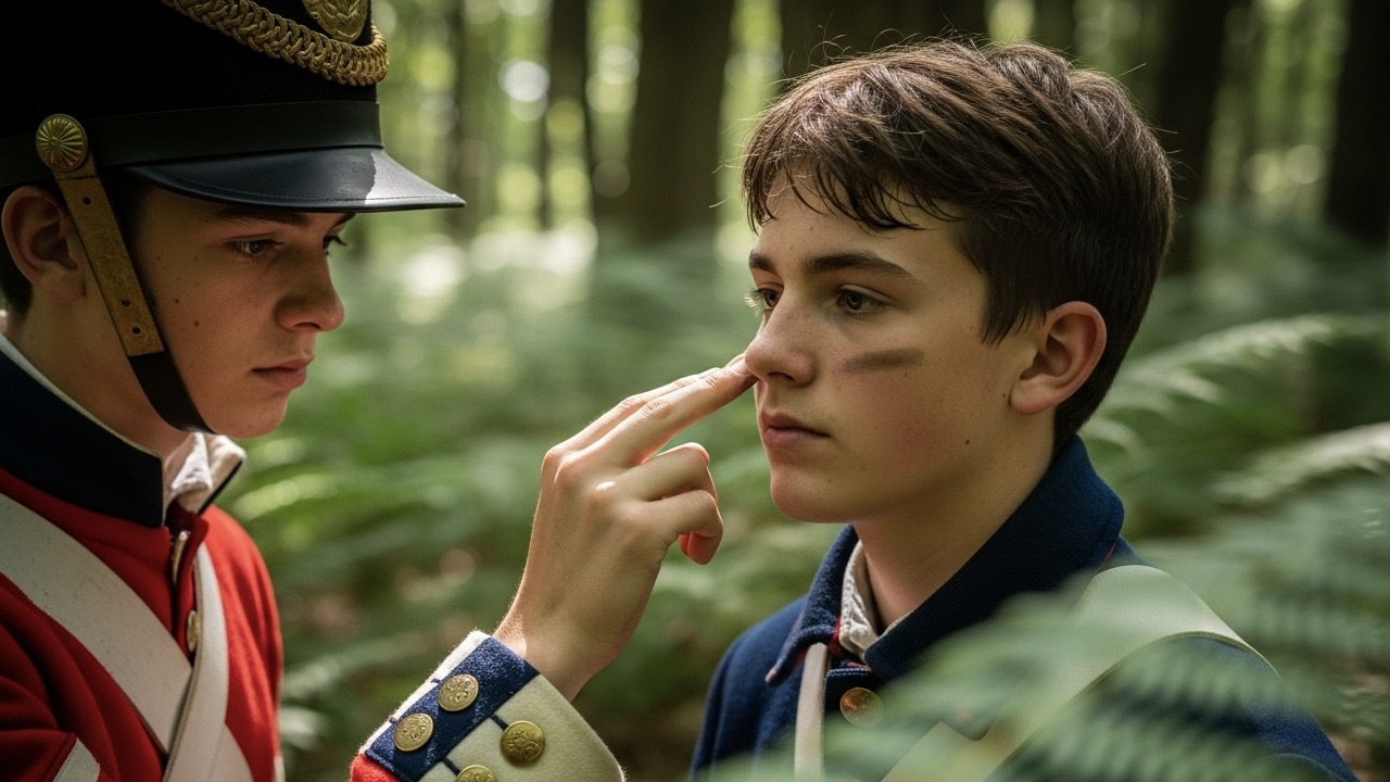 Teenage British re-enactor, James, stands thoughtfully in a dusty, sunlit camp at dusk.