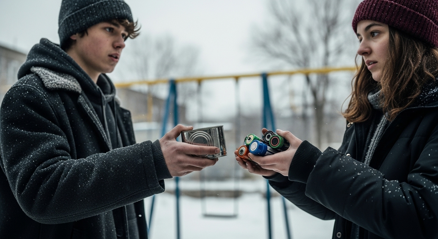 Two teenagers exchange a can for batteries in a ruined, snowy park, their hands in sharp focus.