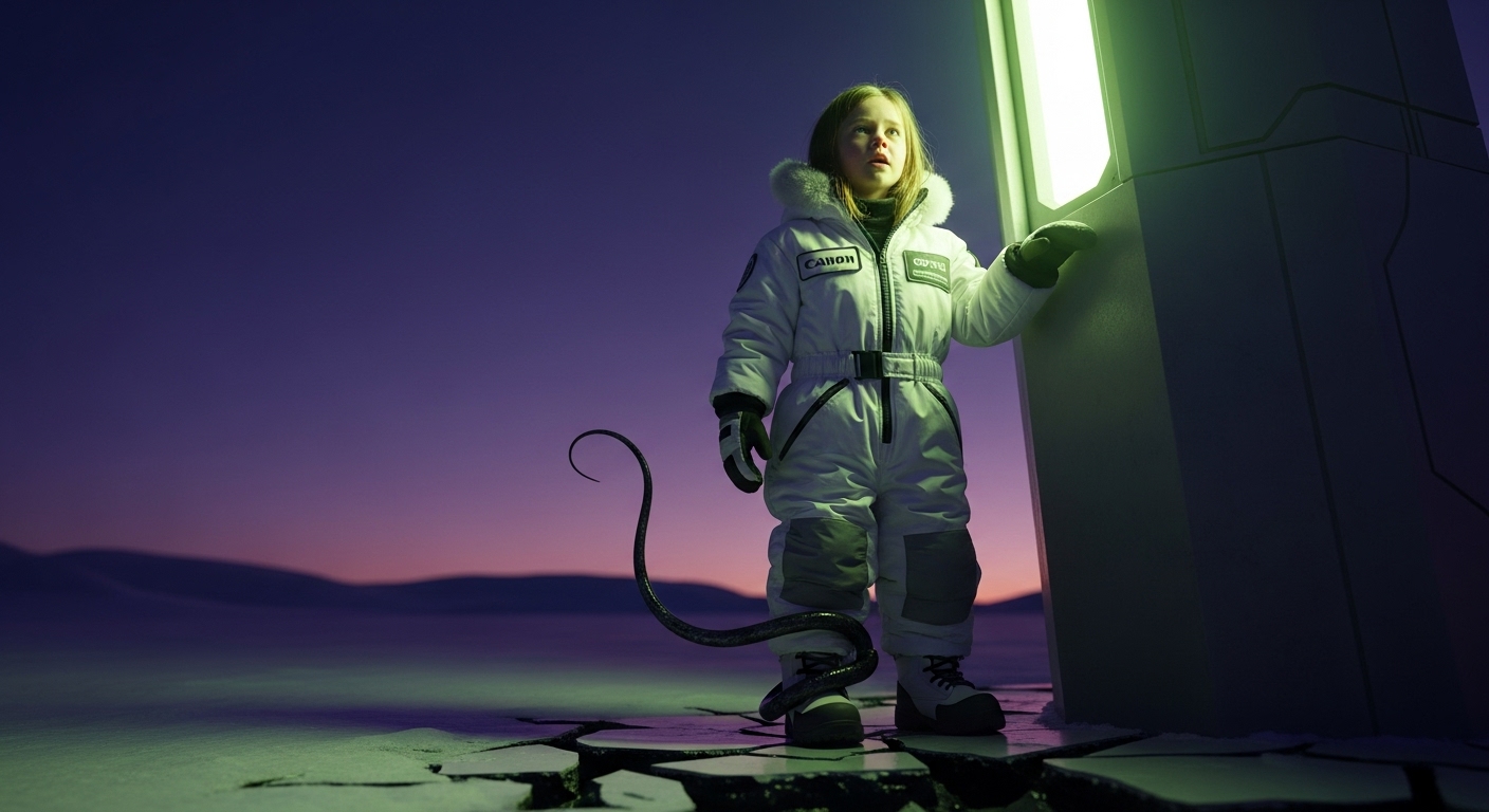 A small child in a white snowsuit stands in the arctic, touching a malfunctioning glowing pillar as a black tendril emerges from the ground and wraps around her ankle.