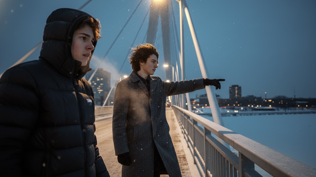 Two teenage boys on a snowy bridge in Winnipeg at twilight, one gesturing dramatically.