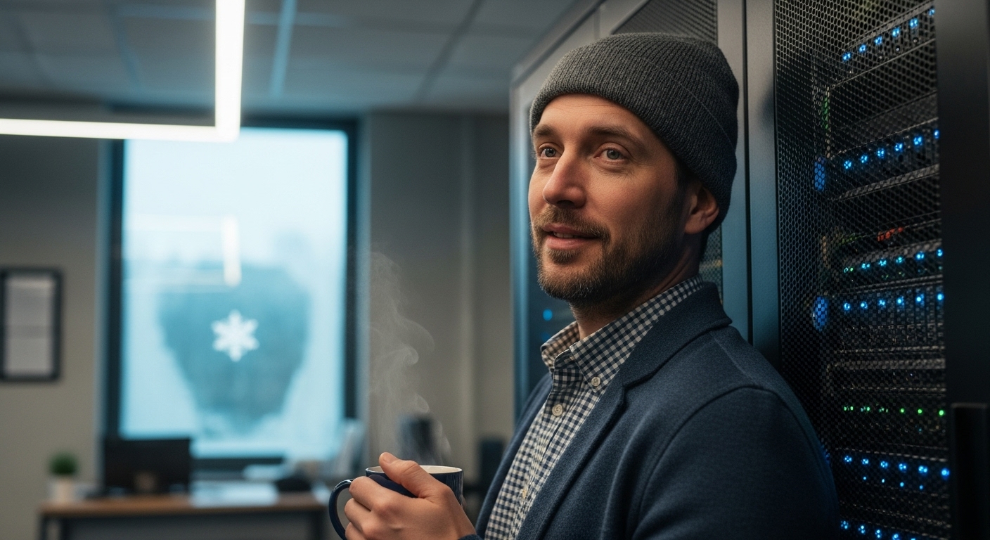A man in his thirties, Kyle, stands in a server room, a hopeful look on his face, holding a steaming mug. A snowflake melts on the window.