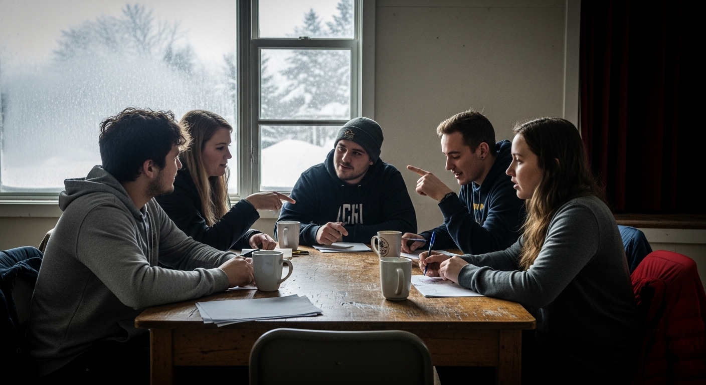 Five young artists in a community hall discussing a project, with snow falling outside a frosted window.