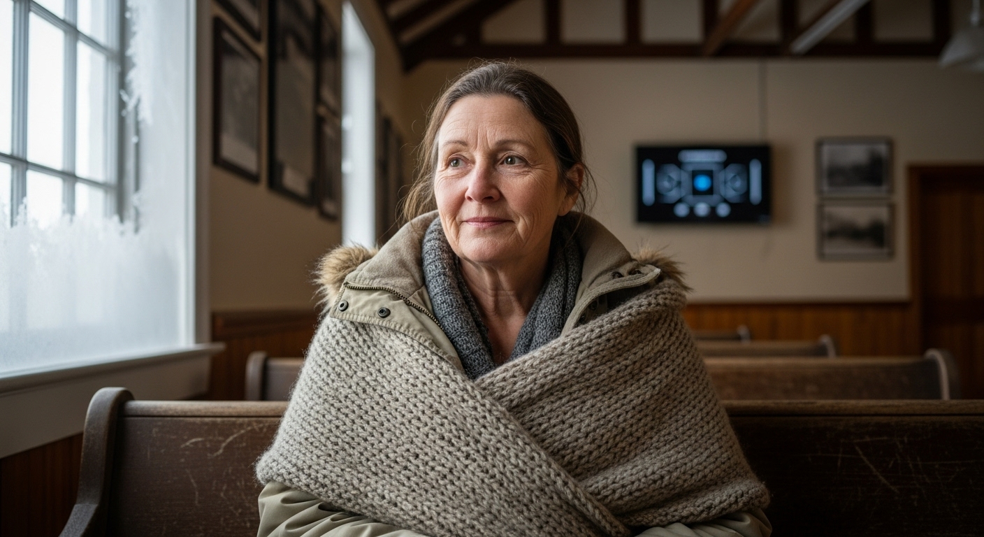 A senior woman in a winter coat sits thoughtfully in a rustic community hall, a glowing digital screen faintly visible in the background.