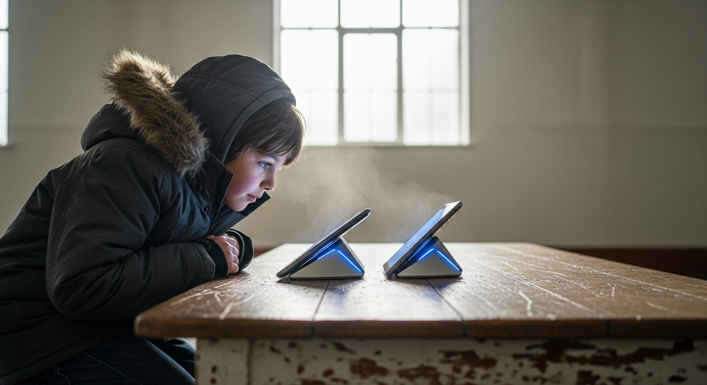 A child in a winter coat watches two glowing AI devices on a table in a community centre.